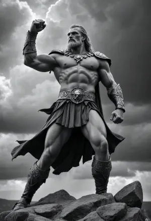 German Mythology Thundergod Donar, b/w, view from side, full body