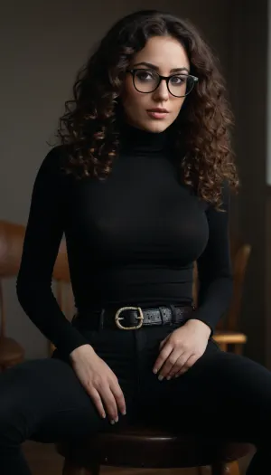 hot brunette, (dark long curly hair), black tight jeans, belt, tight dark turtleneck, glasses, sitting facing viewer, legs crossed, extreme narrow waist, ((extreme big butt)), big tits