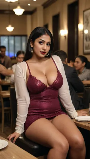 25 years old young beautiful urban shy indian bengali woman perfect curvy figure, enormous boobs, sweating wet oily glistening body, dark lipstick, wearing a slutty micro mini very short length spaghetti strap deep plunged nylon seethrough skintight tiny cotton night dress, with her gentleman male handsome husband sitting around a table in a crowded luxury restaurant with her husband's hand properly, show her husband sitting around the table, view from backside ass view