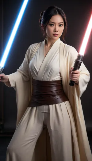 ((female Japanese actress, Jedi Knight, in Jedi Garb, elegant royal Jedi robes)), (((lightsaber, holding lightsaber with both hands, inviting stance, reviling only one nipple))), (jet black hair, bright glowing eyes, gigantic breasts), full body, masterpiece, best quality 4k HDR high resolution realistic photograph, cinematic lighting, high emotional intensity, moody atmosphere, symbolic contrast of light and dark, epic sci-fi fantasy, sharp focus, dramatic, soft lighting, natural light, <lora:Detailed_female_hands-000001:2>