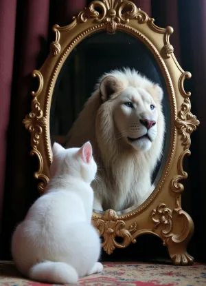 masterpiece, best quality, ultra-high resolution, (double exposure), (picture-in-picture), (extremely detailed CG Unity 8k wallpaper), (complex details), (photorealistic), (fantasy art), (white fluffy kitten:1.2), sitting in a half-turn in front of, (a richly decorated gold mirror:1.1), (reflection of a majestic white lion in a half-turn with piercing blue eyes:1.4), in the mirror, looking at the kitten, (dark baroque room:1), (dark gloomy atmosphere:1.1), subtle volumetric lighting, rich textures, luxurious carpet, (soft glow:.9), dramatic lighting from the left, deep shadows, eye-level shooting, (fairytale-like:.8)