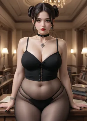 masterpiece, 8k, high resolution, best quality, (high rating), absurd resolution, high resolution, intricate detail, high quality, best rating, masterpiece, (ultra high resolution), stunning beauty, detailed face, intricate detail, sophisticated detail, exquisite detail, very high clarity, perfect 2D art, realistic lighting, incredible lighting, cell shading, correct anatomy, 8k, (highly detailed face), beautiful face, detailed mouth, artist, kittew, artist, krekkov, artist, KAMII MOMORU, 1attractive sex_slave woman mommy, messy hair, choker, wearing a Gothic style dress, black and scarlet embroidery, black sheer leggings, skindentation, goth makeup, black nails, fishnets, pantyhose, sexy jewellery, rings, pentagram necklace, multiple necklaces, Firestone earrings, multiple bracelets, slut tattoos, ((Voluptuous flabby goddess mommy figure, extremely bottomheavy)), (chubby, obese), chubby face, soft facial features, sexy black hair, hair buns, long bangs side of face, gorgeous brown eyes, wide eyes, beautiful round nose, full lips, lips parted, teeth visible, maroon lipstick, slender shoulders, soft arms, sagging medium breasts, cleavage, chubby belly, (fat rolls:1.2), (wide hips:1.2), ((colossal fat hyper_ass, fleshy fat shapely ass:1.4)), ((fat legs, massive fat thighs:1.2)), sexy legs, Elegant Victorian library, dim lighting, antique ceiling lights, evening, books and bookshelves in background, standing, relaxed, near table with books, dark green lounge, books stacked, red shaded lamp in background, one hand on table, looking at viewer, getting fucked aggressively, ((front view:1.4)), ((giant ass visible from the top:1.3)), <lora:Chubby BBW - XL:1.9>, <lora:runga_8.1-000002:1.3>