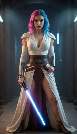 ((female Slavic actress, Jedi Knight, in Jedi Garb, elegant royal Jedi robes)), (((lightsaber, holding lightsaber with both hands, inviting stance, reviling only one nipple))), (rainbow hair, bright glowing eyes, gigantic breasts), full body, masterpiece, best quality 4k HDR high resolution realistic photograph, cinematic lighting, high emotional intensity, moody atmosphere, symbolic contrast of light and dark, epic sci-fi fantasy, sharp focus, dramatic, soft lighting, natural light, <lora:Detailed_female_hands-000001:2>