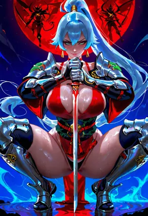 Highly detailed digital anime illustration of a fierce and sexy female samurai warrior named Theia, long flowing light blue hair tied in a high ponytail with golden rings and small green frog ornament on top, sharp confident eyes with slight smirk, massive breasts barely contained by low-cut white wrap top under open green samurai jacket, intricate black and silver armored shoulder pauldrons with demon face design, thick toned thighs and wide hips emphasized in dynamic crouching pose, black thong and rope belt visible, heavy armored greaves and gauntlets with detailed engravings, holding a drawn katana diagonally across body with sharp blade glint, perfect anatomy, voluptuous hourglass figure, glistening skin, powerful action pose, dark blue gradient background, cinematic lighting, ultra-detailed armor and fabrics, vibrant colors, masterpiece, by Sakimichan, Wlop, Ilya Kuvshinov, Ross Tran