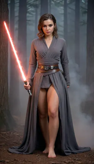 (masterpiece, best quality, ultra quality, 4k HDR high resolution realistic photograph), ((female mid 20s, score_9, score_8_up, score_7_up, expressive eyes, perfect face, prefect hands, prefect feet)), (((sexy Star Wars, Evil Jedi supermodel duelling with smoky unstable lightsabers, revealing her body, detailed ripped clothes))), forest environment, foggy morning, smoke around, autumn season, cinematic, sharp focus, dramatic, soft lighting, natural light, <lora:CinematicStyle_v1:1.2>, <lora:Detailed_female_hands-000001:1.5>, The, Night, Attacks, 1, <lora:The_Night_Attacks_Style_1:.8>, <lora:SDXLHighDetail_v6-000005:.8>