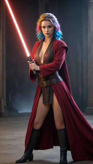 ((female Slavic actress, Jedi Knight, in Jedi Garb, elegant royal Jedi robes)), (((lightsaber, holding lightsaber with both hands, inviting stance, reviling only one nipple))), (rainbow hair, bright glowing eyes, gigantic breasts), full body, masterpiece, best quality 4k HDR high resolution realistic photograph, cinematic lighting, high emotional intensity, moody atmosphere, symbolic contrast of light and dark, epic sci-fi fantasy, sharp focus, dramatic, soft lighting, natural light, <lora:Detailed_female_hands-000001:2>