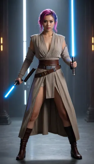 ((female Asian actress, Jedi Knight, in Jedi Garb, elegant royal Jedi robes)), (((lightsaber, holding lightsaber with both hands, inviting stance, reviling only one nipple))), (rainbow hair, bright glowing eyes, gigantic breasts), full body, masterpiece, best quality 4k HDR high resolution realistic photograph, cinematic lighting, high emotional intensity, moody atmosphere, symbolic contrast of light and dark, epic sci-fi fantasy, sharp focus, dramatic, soft lighting, natural light, <lora:Detailed_female_hands-000001:2>