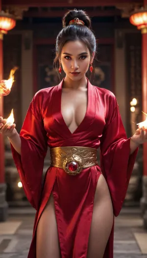 muscular goddess, smirking, holding radiant crystal ball of flames, intense glowing red eyes, loose silk robe, elegant costume, symmetrical hip skin, small silk sash draped over waist, dragon buckle, large ruby earrings, anime pose, high fantasy, very dark lightning, inside Chinese imperial temple, night time, cartoon, epic, enhanced, close up, legs, strong athlete, big hips, celebration, dreamlike, high and tight pony tail hair style, long straight hair, large intricate ruby necklace, black skin, symmetrical eyes