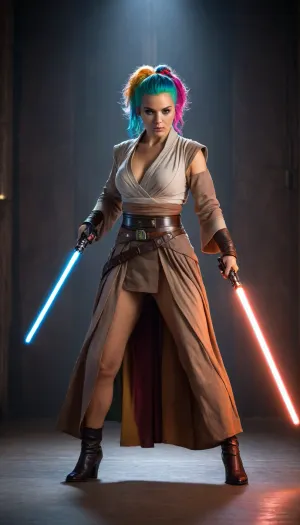 ((woman, Jedi Knight, in Jedi Garb, elegant royal Jedi robes)), (((lightsaber, holding lightsaber with both hands, fighting stance))), (rainbow hair, golden eyes, huge breasts), full body, masterpiece, best quality 4k HDR high resolution realistic photograph, cinematic lighting, high emotional intensity, moody atmosphere, symbolic contrast of light and dark, epic sci-fi fantasy, sharp focus, dramatic, soft lighting, natural light, <lora:Detailed_female_hands-000001:2>
