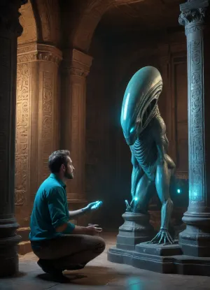 (masterpiece:1.3), (photorealistic:1.4), (cinematic:1.3), ., (Astroarchaeologist:1.4), kneeling before a, (massive, intricate alien console:1.5), embedded in a wall of, (etched obsidian:1.2), . The archaeologist is, (delicately touching glowing, liquid-metal glyphs:1.4), that float inches above the surface., (Ancient hall of records:1.3), with, (non-Euclidean geometry:1.2), and, (giant crystalline data-pillars:1.3), stretching into the shadows., (Bioluminescent turquoise energy:1.2), flowing through floor conduits., (Intense focus:1.2), on the archaeologist's gloved hand and the, (reactivating alien tech:1.3), . Dramatic side lighting, (drifting stardust:1.1), hyper-detailed mechanical parts, 8k, (unreal engine 5 style:1.2), macro detail, sharp focus.