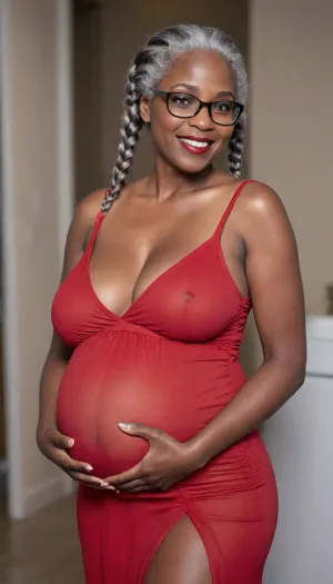 Expectant African American woman with enlarged bust.She is 8 months pregnant. She is smiling seductively. Her breasts are very large and engorged with milk. Her breasts are sagging., . She is wearing a red wraparound dress. Her hair is in long braided pigtails., She is 70 years old. She has grey hair. She is wearing red lipstick. She is wearing glasses. 3/4 body view. Dark skin. She is elderly., <lora:milkers_v2:1.5>