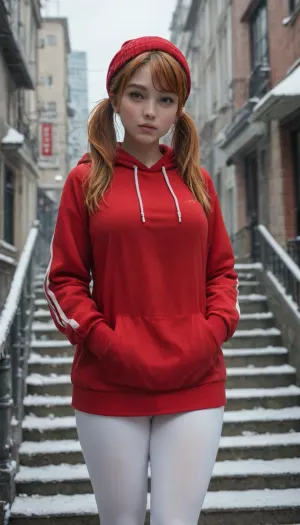 masterpiece, best quality, 1 girl, solo, kmazm, orange hair, twintail, long hair, hair between eyes, purple eyes, (big breasts), (curvy hips), red hoodie, white leggings, athletic leggings, hands in pockets, T, pouty lips, V-shaped eyebrows, blush, cold, winter, stairs, city, gray sky, ch2_v1, red, dress, hat, <lora:Christmas_clothes:.8>