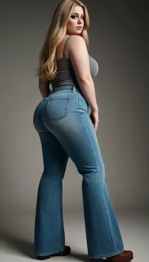 tall tick ssbbw pawg, chubby face, long blond hair, standing, turned to the left ass view, Flared, jeans, pants, <lora:Flared_Jeans_XL_V2:1>