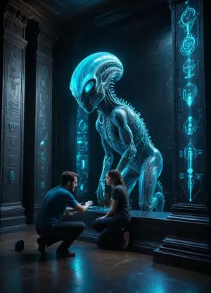 (masterpiece:1.3), (photorealistic:1.4), (cinematic:1.3), ., (Astroarchaeologist:1.4), kneeling before a, (massive, intricate alien console:1.5), embedded in a wall of, (etched obsidian:1.2), . The archaeologist is, (delicately touching glowing, liquid-metal glyphs:1.4), that float inches above the surface., (Ancient hall of records:1.3), with, (non-Euclidean geometry:1.2), and, (giant crystalline data-pillars:1.3), stretching into the shadows., (Bioluminescent turquoise energy:1.2), flowing through floor conduits., (Intense focus:1.2), on the archaeologist's gloved hand and the, (reactivating alien tech:1.3), . Dramatic side lighting, (drifting stardust:1.1), hyper-detailed mechanical parts, 8k, (unreal engine 5 style:1.2), macro detail, sharp focus.