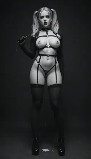 (((black and white, no colors:4))), 40yo domina, black footwear, black gloves, ((blonde pigtails:1.4)), black panties, black thighhighs, ((pussy visible:1.6)), body harness, bondage outfit, collarbone, Spider gag mask, fishnet gloves, fishnet thighhighs, gloves, harness, holding, holding riding crop, big perky breasts, looking at viewer, (goth:1.5), navel, crochless panties, riding crop, ((wearing black high heel pumps.1.6)), standing, thighhighs, open mouth, ((cum dripping:1.4)), ((cum on breasts:1.4))