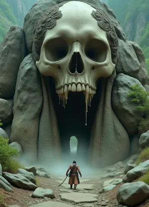 (Epic shot:1.2), of a lone warrior facing a colossal skull gate entrance carved into a mountain, ((skeletal details:1.3), dripping goo, weathered stone, ancient architecture, vines, roots, creepy, ominous), (fantasy art, dark fantasy:1.1), (highly detailed, intricate, gritty texture:1.2), volumetric lighting, dramatic shadows, muted dark colors, greens, browns, grays, desaturated, deep perspective, (digital painting, concept art by Frank Frazetta, Zdzisław Beksiński:1.3), grim, atmospheric, (masterpiece, best quality, ultra high resolution), sharp focus, professional artwork, award winning