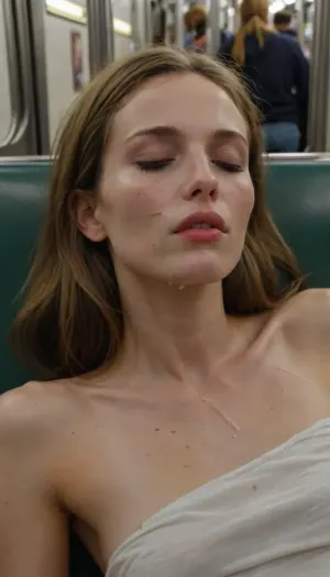 Pretty very tall very skinny woman sleeping in subway, facial cumshot, cum on lips, woman, cum, on, face, facialized, superfacialized, <lora:JustCum:1.4>, <lora:facialized:1.4>, white cum is dripping from her face, her face is so pretty