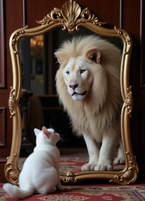 masterpiece, best quality, ultra-high resolution, (double exposure), (picture-in-picture), (extremely detailed CG Unity 8k wallpaper), (complex details), (photorealistic), (fantasy art), (white fluffy kitten:1.2), sitting in a half-turn in front of, (a richly decorated gold mirror:1.1), (reflection of a majestic white lion with a large mane drawn with fur in a half-turn with piercing blue eyes:1.4), in the mirror, looking at the kitten, (dark baroque room:1), (dark gloomy atmosphere:1.1), subtle volumetric lighting, rich textures, luxurious carpet, (soft glow:.9), dramatic lighting on the left, deep shadows, eye-level shooting, (fairytale-like:.8)