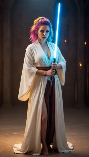 ((woman, Jedi Knight, in Jedi Garb, elegant royal Jedi robes)), (((lightsaber, holding lightsaber with both hands, fighting stance))), (rainbow hair, golden eyes, huge breasts), full body, masterpiece, best quality 4k HDR high resolution realistic photograph, cinematic lighting, high emotional intensity, moody atmosphere, symbolic contrast of light and dark, epic sci-fi fantasy, sharp focus, dramatic, soft lighting, natural light, <lora:Detailed_female_hands-000001:1.8>