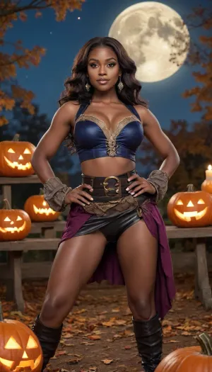 dark skin woman looking at the camera smirking, flowing cloth pirate outfit, hip skin, high waist belt, anime, Halloween, high fantasy, spooky dark autumn park night time, cartoon, epic, enhanced, close up, legs, strong athlete, upskirt, muscular, big hips, hands up in hair, celebration, dreamlike, slicked hair, Giant festive pumpkins in back ground, warm candle lighting, oversized moon in sky, otherworldly, trimmed pubic hair