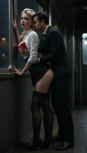 Ultra realistic image, 4k, high quality, high resolution, ultra detailed, night, dark, dimmly lit, side view, Elsa from Frozen, high heels, (red bra:1.2), (white blouse:1.2), (black Business dress:1.2), (black skirt:1.2), (black stockings:1.2), (garters:1.2), (in the aisle of a train at a window:1.2), (she leans forward against the train window:1.3), (man fucks her ass from behind:1.4), (standing doggy style sex:1.4), (skirt pushed up:1.3), (jacket unbuttoned:1.3), (blouse unbuttoned:1.3), (man pushes her skirt up to the hip with one hand:1.3), (man gropes one of her breasts with one hand:1.6), (man's trouser fly and belt open:1.3), (visible anal Penetration:1.3), (moaning:1.3), green, eyes, blue, brown, perfecteyes, <lora:PerfectEyesXL:.8>, <lora:dark:.8>