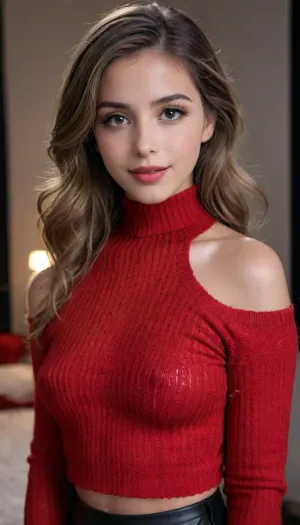 Black background, side view, closeup, 18 yo girl in little crocheted turtleneck sweater + sexy leather pencil Skirt, braless, long wavy thick hair with long bang covering one eye and cascading about her shoulders, in a cluttered youthful girl's bedroom, night, no underwear, hands behind head, big smile, heavy eyeliner, red lipstick, big false eyelashes, thick eyebrows, smokey eyes, large hoop earrings, Wearing, clothes, that, make, sense, with, Braless>, great, lighting, bellissima, 1girl, sweater_top, <lora:bralessSDXL_v1_00022:1.4>, <lora:great_lighting:1.8>, <lora:SkylerLo_XL-000007:1.5>, <lora:LesFemmesXL_v1.0:1.2>, <lora:mao1_XL_reg1_:1.4>