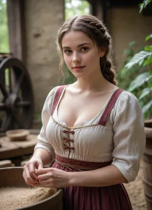 Generate, (point-of-view:1.5), an image centered around the buxom young miller's exceptionally attractive with big breasts and revealing exposed cleavage and exposed naked breasts with wide hips and narrow waist and exuding an alluring and voluptuous physique that radiates warmth and sensuality. Her braided, lustrous hair cascades gracefully down her shoulders, enhancing her captivating presence.
Her eyes are a striking and inviting feature, drawing viewers into her gaze with their soft, welcoming warmth. Long, dark eyelashes frame her eyes, emphasizing their captivating allure. Her face boasts delicate proportions, featuring a gentle blush on her cheeks, a nose, and high cheekbones. Her plump lips are full and inviting, often curved into a warm and welcoming smile. Her skin is smooth and gloosy.
The scene is set around a medieval mill courtyard, a charming and rustic wooden structure nestled in a tranquil forest. The mill's wooden structure enhances the rustic ambiance of the scene, and its waterwheel turns gently
The buxom girl is positioned near the mill courtyard, engrossed in various house chores that connect her to the daily rhythm of country life. She may be seen tending to the mill's operation, handling sacks of flour, and organizing grains scattered around. These elements add depth to the image and convey her integral role in the mill's functioning.
This image captures a timeless moment in the miller's life as she goes about her daily chores, embodying the beauty of rural life and the harmony between humanity, the mill, and the natural environment.