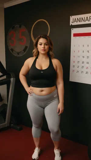 Cinematic, 35mm, wide angle, full body, photograph of a pretty and plump woman at the gym, working out with new exercise clothes that have the tags on, the calendar on the wall shows January 1st circled, New Year's Resolution.