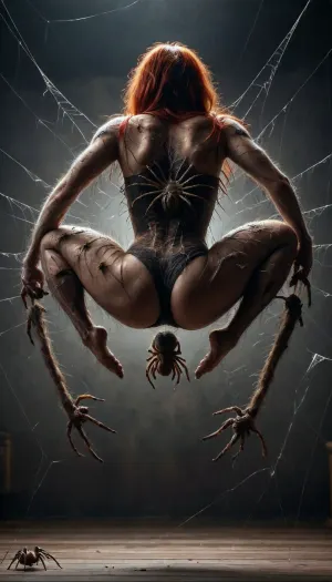 spider woman, spider bottom, big breasts, spider legs, spider web spider butt, spider backside, spider's underside, Spider, monster, creature, jumping, spider, ais-spiderz, foreground of a photo, <lora:SpidersXL:2>, <lora:Jumping_Spider_Lora-000009:2>, <lora:Spiders_Style_SDXL:2>