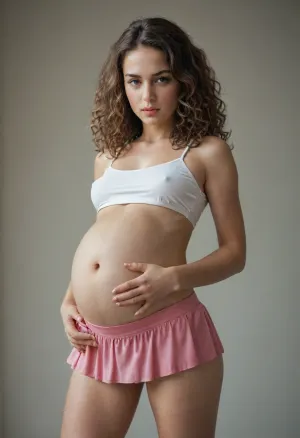 purple long curly hair, (pink micro skirt), ((tiny white crop top)), fake, breasts, ((very pregnant))