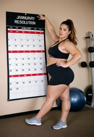 Cinematic, 35mm, wide angle, full body, photograph of a pretty and plump woman at the gym, working out with new exercise clothes that have the tags on, the calendar on the wall shows January 1st circled, New Year's Resolution.