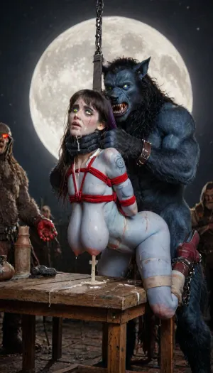 (vampirella:1.32), ((Vampirella is a tall, pale woman with a mane of raven-black hair and green eyes. Her look is that of a skimpy, red sling bathing suit barely covering her nipples and genitalia, with a golden bat emblem over the crotch. She wears an upturned white collar at her neck, long, high-heeled black boots, and a golden bracelet on one arm)), female drow elf barbarian, (blue skin:1.82), tall, angry, busty, curvy, thin waist, big boobs, big butt, slim, fit, vitiligo, strong, fur pelt armor, dungeons and dragons, purplish blue skin, black and purple hair, Dark, Elf, Warrior, tattooed, scarred, purple eyes, blue skin, amazon, giant, fur barbarian armor, bloody, blood spatter, bear, bear heart, (in a bloody filed after a battle, white full moon in the sky:1.4), (man is choking her from behind:1.2), ((hogtied, bound with large chains, crucified to a torture table, spikes through hands:1.3)), (torture:1.32), horror-themed, (NSFW, rating_explicit:2), (looking at viewer:1.6), (female_focus:1.1), (6 hyper huge werewolves), with glowing red, (malevolent eyes:1.2), huge monster werewolf dick, crying, extreme cumshot, cum on face, cum on body, side view, lifted between two, bukkake, cum in face, (werewolf is choking her from behind:1.6), ((hogtied, bound with large chains, tied to a torture table:1.18)), ((12 giant muscular werewolf:1.4)), (opening wide her little mouth:1.5), (analrape werewolf sex), ((anal fuck 1.5)), (hyper massive werewolf cock:1.2), of the beast is to big for her little mouth, (4 gigantic African black brute thug, huge trunklike arms, huge head, hyper muscular body, dressed in slave clothes:1.32), ((hogtied, bound for sex, tied up)), (covered in cum), ((tears:2)), large hyper muscular fat old werewolf, (double anal sex), swollen white veiny cocks, (double anal penetration:1.4), hardcore double penetration, proper physics, big white cocks, muscular old werewolf double anal gangbang, Uber realistic, 8k, ultra detailed, masterpiece, arched back, detailxl, 35mm photograph, film, professional, 4k, 1girl, 5 boys, hdr, photographic, ultra realistic, ultra high details, back light, (front view), (dynamic pose), best quality, incredibly lean body, anal sex, with large muscular werewolf, gargantuan werewolf cocks, magazine cover, Realism_Quality_2xx_By_Stable_Yogi, score_9, score_8_up, score_7_up, (((very pretty face:1.3))), (((extremely ultra detailed face:1.3))), perfect fingers and hands, upper body view, (extreme size difference:1.6), (ultra realistic), (maximum quality), (high resolution), (extreme detail), (ultra realism), UHD, super high quality, highly detailed, high resolution, perfect lighting, natural lighting, (dynamic angle), (random angle), (random pose), (dynamic view), (random view), golden hour, rich details, nature-inspired color palette, <lora:Dark_Elf_Warrior:2>, <lora:zavy-brbrn-sdxl:2>, <lora:LCMTurboMix_Euler_A_fix:2>, <lora:EdobHorrorLandscape_XL_v1.0:2>, <lora:EdobWerewolf_XL_v1.0:2>