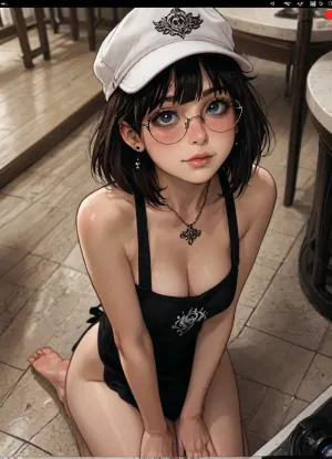 ((Melkor mancin style)), markgavatino style, 1girl, pretty girl, blushing, shy smile, goth make up, face piercings, nose piercing, tattoo, black long bangs, round glasses, white cap, naked but wearing a black apron, nude hips, big cleavage, at cafe, side breast, ((giant tits:1), boobies almost spilling out apron), (view from above, looking up at camera:1.5), (Kneeling on the floor:1.1), ratatatat74, jtcstyle, <lora:加藤彩style:.9>, <lora:LCMTurboMix_Euler_A_fix:1.2>, <lora:ratatatat74-000050:1.9>, <lora:EnvyBeautyXL02:1.3>, <lora:AshMilkshake_Illustrious_v1:1.9>