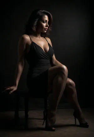 dark background, 50 year old woman silhouette, erotic posture, sitting, legs showing, close view, large generous lips, big ass, gourgeous latina, (dark skin), (tan skin), very High heels shoes with a knotted strap, black sexy pantyhose, (black transparent dress), sexy poses, perfect nude body, monochrome, realistic, 4k, high quality, art, <lora:dark:.8>