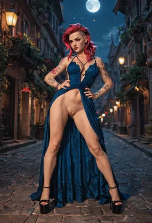 score_9, score_8_up, score_7_up, score_6_up, beautiful, (VI from arcane animated series:1.5), league of legends, arcane, dark undercity, (night:1.5), long hair, dress, platform heels, (exposed pussy:1.5), (no panties), moss, (front view)