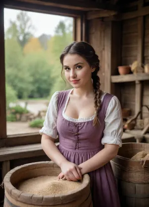 Generate, (point-of-view:1.5), an image centered around the buxom young miller's exceptionally attractive with big breasts and reavling exposed cleavage with wide hips and narrow waist and exuding an alluring and voluptuous physique that radiates warmth and sensuality. Her braided, lustrous hair cascades gracefully down her shoulders, enhancing her captivating presence.
Her eyes are a striking and inviting feature, drawing viewers into her gaze with their soft, welcoming warmth. Long, dark eyelashes frame her eyes, emphasizing their captivating allure. Her face boasts delicate proportions, featuring a gentle blush on her cheeks, a nose, and high cheekbones. Her plump lips are full and inviting, often curved into a warm and welcoming smile. Her skin is smooth and gloosy.
The scene is set around a medieval mill courtyard, a charming and rustic wooden structure nestled in a tranquil forest. The mill's wooden structure enhances the rustic ambiance of the scene, and its waterwheel turns gently
The buxom girl is positioned near the mill courtyard, engrossed in various house chores that connect her to the daily rhythm of country life. She may be seen tending to the mill's operation, handling sacks of flour, and organizing grains scattered around. These elements add depth to the image and convey her integral role in the mill's functioning.
This image captures a timeless moment in the miller's life as she goes about her daily chores, embodying the beauty of rural life and the harmony between humanity, the mill, and the natural environment.