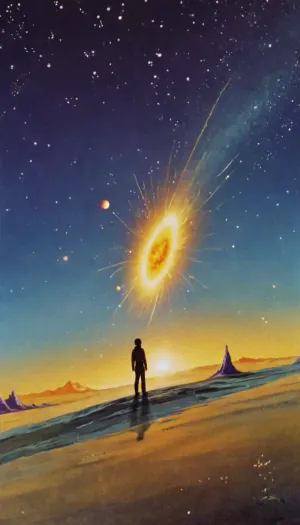 transparent, fantastic, cosmos, long trajectories, stars, galaxies, space, comets, retrofiturism, sun, lone figure, 8k, UHD, retro, VintageMagStyle, of, kachanov, cartoon, novuschroma15, style, Whimsical, Art, Nouveau, Watercolor, <lora:SDXL-VintageMagStyle-Lora:2>, <lora:kachanov_style:.8>, <lora:novuschroma15 style:.8>, <lora:Whimsical_Art_Nouveau_Watercolor_XL-000015:.8>