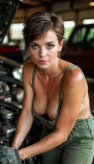 ASSIGNMENT, Create an award-winning image of a stunning beautiful auto mechanic with pixie-cut brown hair bent over a car engine, BREAK.

CLOTHING, ((army green overalls with no shirt underneath)), ((nipples covered)), heavy work gloves, black boots, shop rag in pocket, holding a wrench, BREAK.

BODY, tall busty 30-year-old Alabama woman, slender, fit, athletic, large breasts, D cup, tan lines, detailed large naturally sagging breasts with prominent nipples, freckles, detailed realistic skin with pores and blemishes and freckles and hair follicles, hairy bush, firm round ass, perfect hands, handslora, BREAK.

FACE, gorgeous sexy athletic 30-year-old Alabama woman, diamond-shaped face, tall face, strong dark eyebrows, intense purple eyes, long eyelashes, strong cheekbones, light makeup, full moist lips, detailed face, BREAK.

HAIR, very short light brown hair in buzzed pixie cut, straight hair, detailed hair, BREAK.

EXTRA DETAIL, she and her clothes are streaked and spattered with oil stains from working on engines, BREAK.

LOCATION, an auto shop, focused lighting, deep shadows, BREAK.

POSE, leaning down to work on a car engine, cleavage, BREAK.

AESTHETIC, score_9, score_8_up, score_7_up, solo, realistic, 8K, high definition, hyper realistic, sexy as hell, BREAK.

TEMPLATES, but, braless, Wearing, clothes, that, make, sense, with, Braless>, <lora:style_lora_realis:2>, <lora:add-detail-xl:2>, <lora:BUT_SDXL_SHS:1>, <lora:bralessSDXL_v1_00022:1>