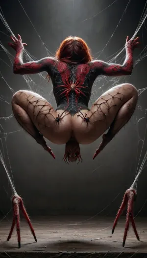 spider woman, spider bottom, big breasts, spider legs, spider web spider butt, spider backside, spider's underside, Spider, monster, creature, jumping, spider, ais-spiderz, foreground of a photo breasts are visible, she has big breasts, red eyes, <lora:SpidersXL:2>, <lora:Jumping_Spider_Lora-000009:2>, <lora:Spiders_Style_SDXL:2>