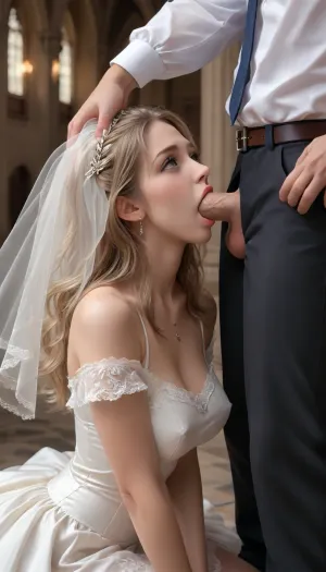 blowjob, deepthroat. a mature 24-year-old gorgeous bride with wavy blonde hair on her knees wearing an off-shoulder wedding dress that has been pulled down to reveal her erect nipples. the lower body of a man is visible to the side of her, his big penis prominently displayed. the penis has a light skin tone. the woman is performing oral sex on the man, bobbing her head back and forth, the penis is going very deep into her mouth. the woman is kneeling in a cathedral, people are visible in the background.