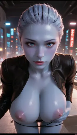 (Masterpice), (HD4K visual), (detailed background), 4K ultra-detailed image, HDR, enhancement, professional photography, clear face, detailed face, precise anatomy, (perfect symmetry), (5 fingers per hand), maximum resolution, sharp focus, NSFW, one female blue skinned Asari from mass effect, beautiful dark blue skin, blue eyes, Asari hair, thin face, tall, thin frame, gigantic breasts, thick gumdrop nipples, short shorts pulled down, black thong, thong strings pulled up, leather jacket, bent over, spreading ass cheeks apart, horny expression, looking over shoulder at viewer, behind view, focus ass, background futuristic city, Asari, ratatatat74, incase, style, <lora:asari-sdxl:2>, <lora:ratatatat74-000050:1.4>, <lora:Incase_Style__SDXL:1.4>, <lora:fairytale_and_mythical_characters_r1:1.4>, <lora:cbcity2:1.4>