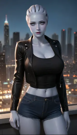 (Masterpice), (HD4K visual), (detailed background), 4K ultra-detailed image, HDR, enhancement, professional photography, clear face, detailed face, precise anatomy, (perfect symmetry), (5 fingers per hand), maximum resolution, sharp focus, NSFW, one female blue skinned Asari from mass effect, beautiful blue skin, blue eyes, tall, thin frame, gigantic breasts, tank top, short shorts, leather jacket, background futuristic city, Asari, ratatatat74, incase, style, <lora:asari-sdxl:1.4>, <lora:ratatatat74-000050:1.4>, <lora:Incase_Style__SDXL:1.4>, <lora:fairytale_and_mythical_characters_r1:1.4>