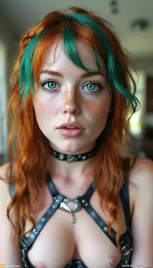 Amazon position, pointed ears, elf ears, elf, 4k calidad, Social media babe in badhroom being sexy and presenting her booty, long ginger hair with long curls, score_9, score_8_up, score_7_up, score_6_up, with, pokies, showing, off, her, tits, beautiful face, gigantic sagging natural breasts, natural breasts, blue hair, ginger bangs, split dyed hair, bangs, wide hips, tan skin, horny expression, full lips, medium length hair, green eyes, freckles, (wearing an elaborate harness:1.4), choker, low hanging pigtail, buns, braids, cum in mouth, photorealistic, hdri, portrait, close up, realistic, super real, hyper realistic, ultra realistic, ((perfect eyes)), full view, ((Ultimate realistic photo details)), (((dynamic sexy pose))), (((bright sunlight))), detailxl, raw, lighting, overexposed, harsh, flash, amateur, puffy, nipples, dark, ghost, wide, <lora:detailed_notrigger:.8>, <lora:MJ52:.8>, <lora:Nipples XL:.8>