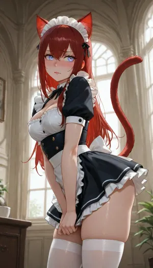 (solo), mansion, plants, window, (Makise Kurisu), (dynamic view:1.3), (strong blush), shiny skin, (dark-red lipstick), dark-red hair, (slim body), maid dress, (cat ears), glowing eyes, embarrassed, shy, (dynamic pose), tears, cleavage, white thigh highs, zettai ryouiki, cat tail, side view, view from below
