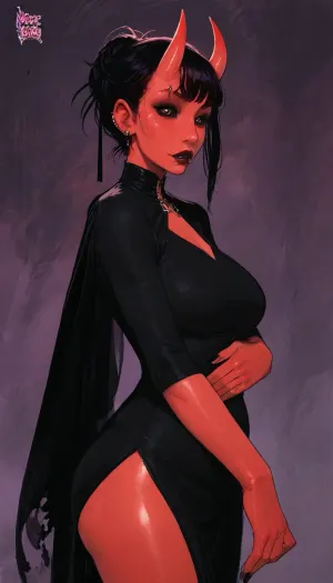 1 lady, ((Incase mix reiq style)), (((demon girl, deep red skin, black sclera, completely black eyes))), horns, style, masterpiece, (chubby), (1woman, side view, 8k resolution, ultra-detailed), (goth outfit), piercing on eyebrow, piercings on face, goth accessories, dark purple background, side view, huge ass, huge thighs, ((curvy)), aryan, plump black lips, chocker, big saggy heavy breasts, realistic face, beautiful black hair, goth makeup, beautiful face, high bun hairstyle with fringe, seductive face, hot e, mid shot, ratatatat74, jtcstyle, SamDoesArts, <lora:ratatatat74-000050:1.1>, <lora:mk_Bp Anime_xl:1>, <lora:加藤彩style:1.8>, <lora:SDXLSamDoesArts:1.7>, <lora:LCMTurboMix_Euler_A_fix:1.1>