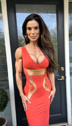 Voyeur, Beautiful MILF model, ((wearing a red flowy dress)), at my front door, shy, vneck, nice eyes, beautiful, thick lips, thick eyebrows, gold jewelry and earrings, rich French Canadian mom, super beautiful muscle 49yo brunette, long hair, large muscles, very fit, nice photo, <lora:clothed_small:2>, 4ng3l, face, <lora:SDXL_BetterFaces-LoRA_v1:.8>, <lora:ThePitXL:.8>