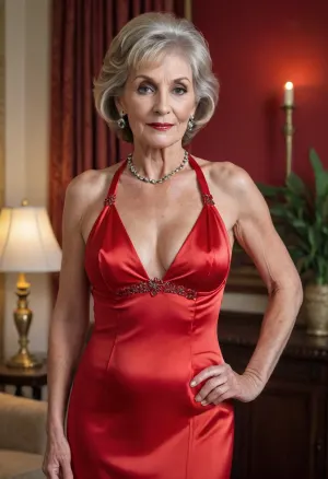 sexy 80 year old gilf, large perky breasts, full view body image, wearing red satin halter dress