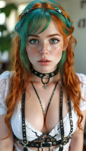 little horns, Amazon position, pointed ears, elf ears, elf, 4k calidad, Social media babe in badhroom being sexy and presenting her booty, long ginger hair with long curls, score_9, score_8_up, score_7_up, score_6_up, with, pokies, showing, off, her, tits, beautiful face, gigantic sagging natural breasts, natural breasts, overflowing high cleavage, blue hair, ginger bangs, split dyed hair, bangs, wide hips, tan skin, horny expression, full lips, medium length hair, green eyes, freckles, (wearing an elaborate harness:1.4), choker, low hanging pigtail, buns, braids, cum in mouth, photorealistic, hdri, portrait, close up, realistic, super real, hyper realistic, ultra realistic, ((perfect eyes)), full view, ((Ultimate realistic photo details)), (((dynamic sexy pose))), (((bright sunlight))), detailxl, raw, lighting, overexposed, harsh, flash, amateur, puffy, nipples, dark, ghost, wide, <lora:detailed_notrigger:.8>, <lora:MJ52:.8>, <lora:Nipples XL:.8>