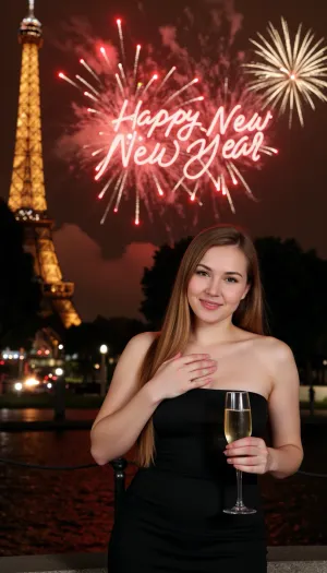 A 25-year-old Parisian woman, in evening dress, showing nipples, holding a glass of champagne, a firework display above the Eiffel Tower writing happy new year