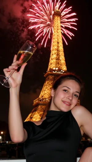A 25-year-old Parisian woman, in evening dress, holding a glass of champagne, a firework display above the Eiffel Tower.